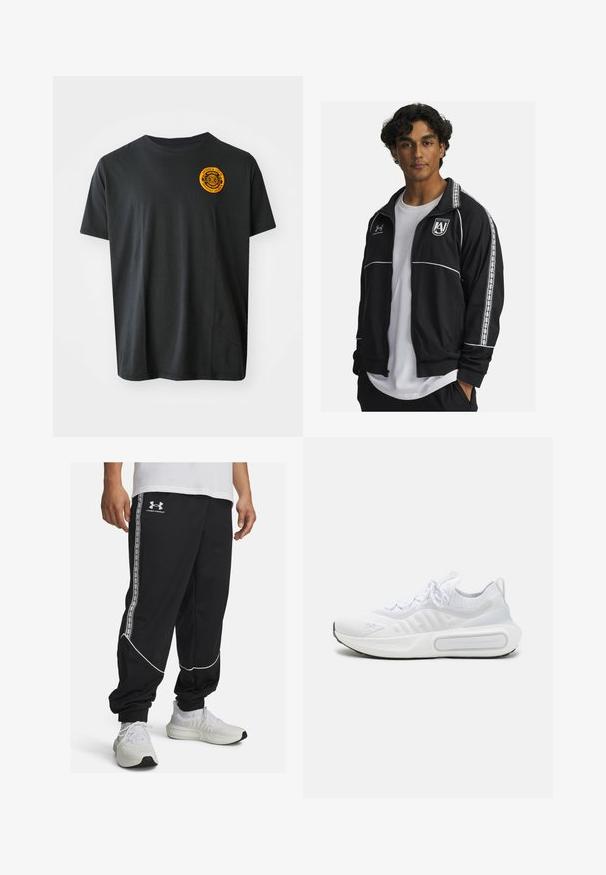 Černá sportovní bunda s bílými akcenty a bočními pruhy. Obsahuje zapínání na zip, stojáčkový límec a vyšívané logo na hrudi.; Černé bavlněné tričko s krátkými rukávy, kulatým výstřihem, s oranžovým kruhovým logem na levé horní straně. Hladká textura.; Černé tepláky vyrobené z hladké tkaniny, s bílými lemovkami a bočními pruhy s logem. Užší střih s elastickými manžetami na kotnících.; Bílé sportovní boty s texturovaným úpletem, šněrováním, polstrovanou podrážkou a výrazným logem na boku.