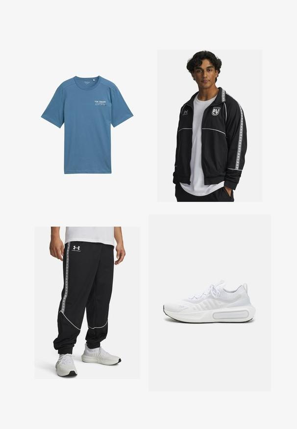 Črna športna jakna z belimi akcenti in bočnimi črtami. Ima zadrgo spredaj, stoječ ovratnik in vezeno logo na prsih.; Modra bombažna majica s kratkimi rokavi, okroglim izrezom in subtilnim potiskanim logotipom na levem prsnem delu. Mehka tekstura, sproščen kroj.; Črne trenirke iz gladkega materiala, opremljene z belimi črtami in stranskimi trakovi z logotipom. Oprijet kroj z elastičnimi manšetami na gležnjih.; Bela športna čevlja s teksturirano pletenino, vezanjem na vezalke, blaženim podplatom in značilnim logotipom na strani.