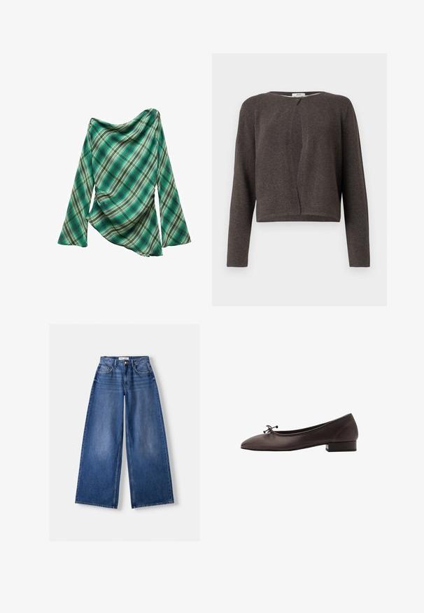 Tumma harmaa neule pitkähihaista neuletakkia, jossa on pyöreä kaula-aukko ja yksi nappisuljetus ylhäällä.; Vihreä ruudullinen paita pitkillä hihoilla, jossa on drapeerattu muotoilu. Valmistettu sileästä kankaasta, jossa on erilaisia vihreän ja kermaisten sävyjen viivoja.; Bershka WIDE-LEG - Leveälahkeiset - dark blue; Ruske kožne balerinke s zaobljenim vrhom i malim blok petom. Imaju tanke mašne sprijeda i suptilne šavove.