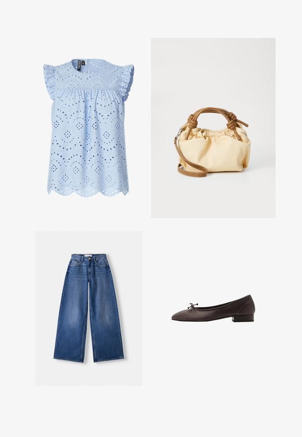 Dark gray knitted long-sleeve cardigan with a round neckline and a single button closure at the top.; Light blue blouse with eyelet fabric, ruffled cap sleeves, round neckline, and scalloped hem. Features decorative cut-out patterns throughout.; Bershka WIDE-LEG - Wide Leg - dark blue; Brown leather ballet flat with a rounded toe and small block heel. Features a thin bow at the front and subtle stitching details.; Small, cream textured handbag with brown leather handles and a removable shoulder strap. Gathered design with visible stitching details.