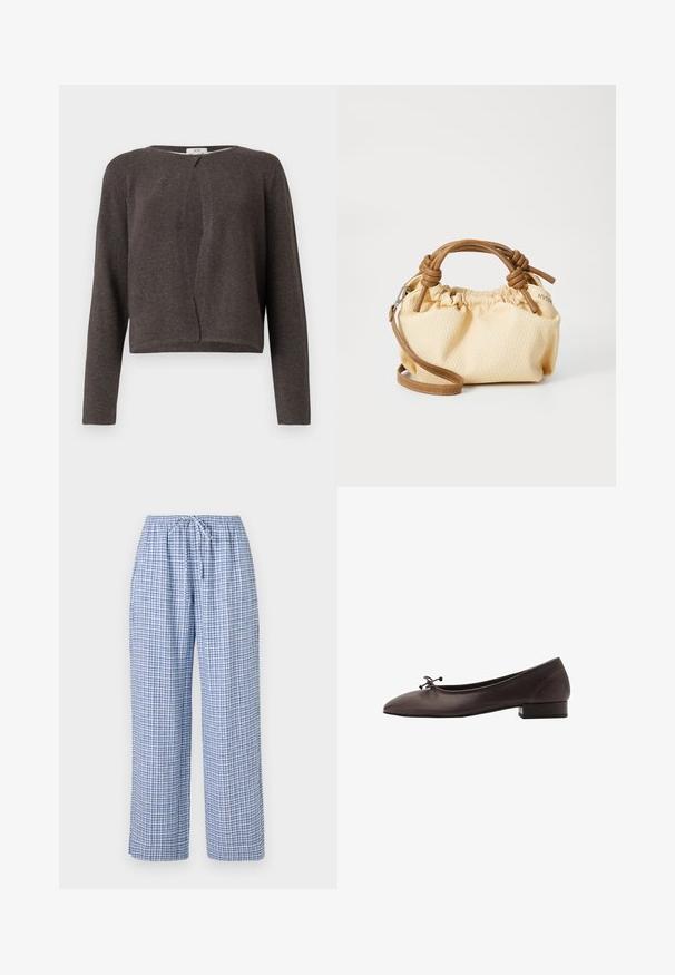 Dunkelgrauer, gestrickter Langarm-Cardigan mit rundem Ausschnitt und einem einzigen Knopfverschluss oben.; Hellbraunes, geripptes T-Shirt mit kurzen Ärmeln und Rundhalsausschnitt, das eine lockere Passform und eine weiche Textur bietet.; Blaue karierte Schlafanzughose mit elastischem Bund und Kordelzug. Lockere Passform mit weichem Stoffgefühl. Keine sichtbaren Taschen.; Braune Leder-Balletschuhe mit runder Spitze und kleinem Blockabsatz. Mit einer dünnen Schleife an der Vorderseite und dezenten Steppnähten.; Kleine, cremefarbene Handtasche mit braunen Ledergriffen und einem abnehmbaren Schultergurt. Gereihter Design mit sichtbaren Nähten.