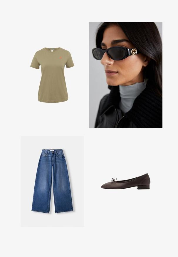 Donkergrijze gebreide lange mouwen cardigan met een ronde halslijn en een enkele knoopsluiting bovenaan.; Olijfgroene katoenen t-shirt met korte mouwen, ronde halslijn en een geborduurd rood hart op de linkerborst. Casual pasvorm en gladde textuur.; Bershka WIDE-LEG - Wide leg - dark blue; Bruine leren balletschoen met een ronde neus en een kleine blokhak. Kenmerkt zich door een dunne strik aan de voorkant en subtiele stikdetails.; Zwarte zonnebril met een stijlvolle rechthoekige montuur en een gouden logo-accent aan de zijkant. Donkere lenzen en een glanzende afwerking zijn opvallend.