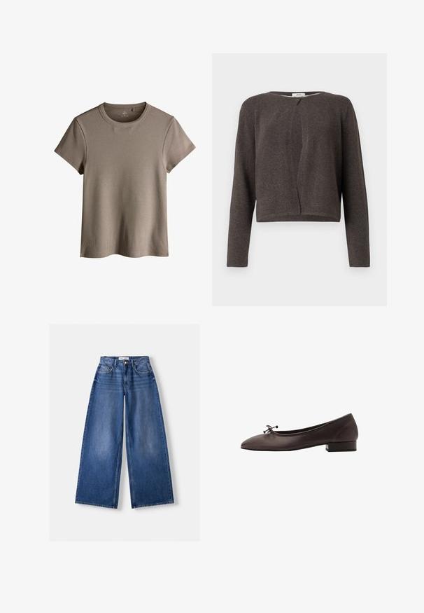 Tumma harmaa neule pitkähihaista neuletakkia, jossa on pyöreä kaula-aukko ja yksi nappisuljetus ylhäällä.; Vaaleanruskea ribattu lyhythihainen T-paita pyöreällä pääntiellä, jossa on rento istuvuus ja pehmeä tekstuuri.; Bershka WIDE-LEG - Leveälahkeiset - dark blue; Ruske kožne balerinke s zaobljenim vrhom i malim blok petom. Imaju tanke mašne sprijeda i suptilne šavove.