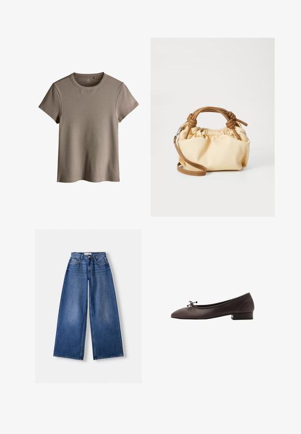 Mørkegrå strikket cardigan med lange ærmer, rund halsudskæring og en enkelt knaplukning foroven.; Lys brun ribbet kortærmet T-shirt med rund halsudskæring, der har en afslappet pasform og blød tekstur.; Bershka WIDE-LEG - Wide leg - dark blue; Brune læder balletflade med rund tå og lille blokhæl. Har en tynd sløjfe foran og diskrete syningsdetaljer.; Lille, creme tekstureret håndtaske med brune læderhåndtag og en aftagelig skulderrem. Samlet design med synlige syninger.