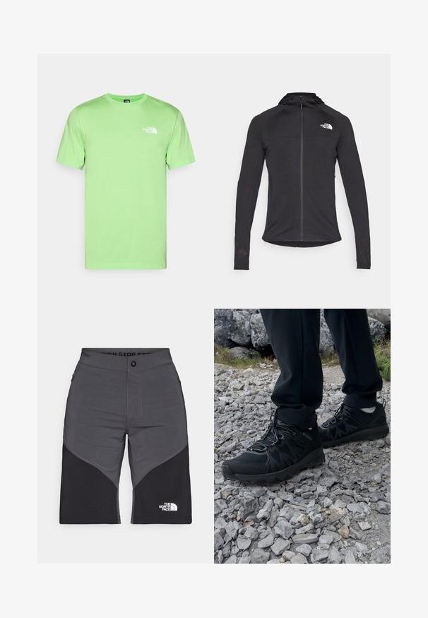 Sort atletisk jakke med lange ærmer, lynlås foran, logo øverst til venstre og hætte. Tekstureret stof med en tætsiddende pasform.; Mintgrøn bomulds T-shirt med rund hals og korte ærmer. Har et hvidt logo på venstre bryst. Glat tekstur, afslappet pasform.; Grå og sorte shorts med paneldesign, lukning foran med knap og The North Face-logo. Lavet af et letvægts, holdbart stof.; Sorte udendørssko med mesh og syntetisk materiale, med en tekstureret overdel, sikre snørebånd og en robust ydersål, på klippelandskab.