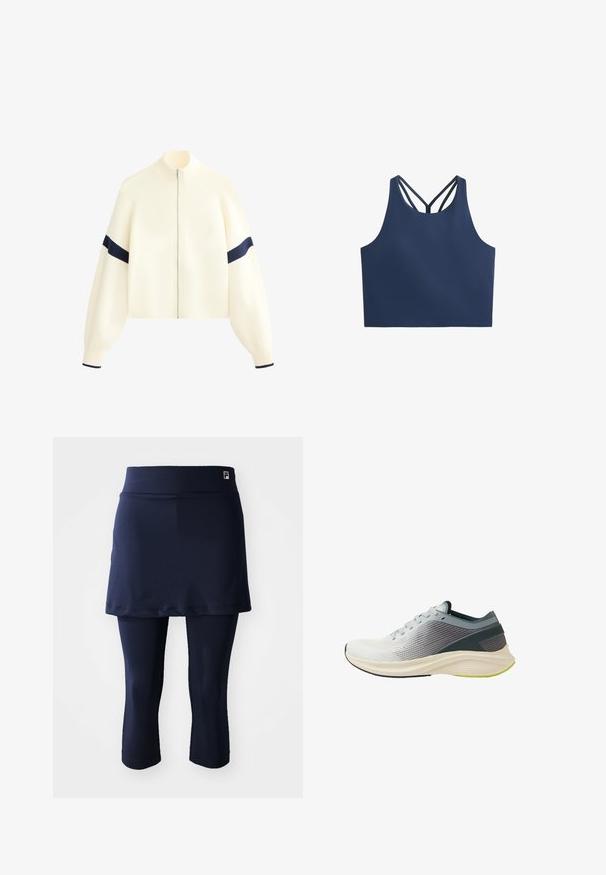Crème zip-up sweater met hoge hals, brede mouwen en marineblauwe strepen op de armen. Zachte textuur en cropped ontwerp.; Navy blauwe crop top met een gladde textuur, featuring meerdere dunne bandjes in een kruisdesign aan de achterkant. Geen zichtbare patronen of accenten.; Marineblauwe sportrok met aansluitende capri-legging. Gemaakt van een gladde stof, heeft een brede tailleband en een klein logo op de tailleband.; Lichte hardloopschoen met een gestructureerde grijs-witte mesh bovenkant, flexibele zool en een limoengroene accent op de buitenzool.