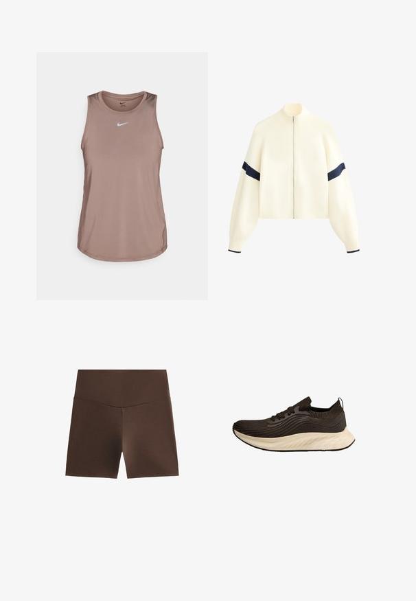 Kremowy sweter na zamek błyskawiczny z wysokim dekoltem, szerokimi rękawami i granatowymi paskami na rękawach. Miękka tekstura i krótki fason.; Bezrękawnik Nike w jasnobrązowym kolorze, wykonany z gładkiego, lekkiego materiału. Posiada białe logo na klatce piersiowej oraz zaokrąglony dół.; Brązowe sportowe spodenki z wysokim pasem, wykonane z elastycznego materiału, o gładkiej strukturze i prostym designie, bez wzorów.; Brązowy but sportowy z teksturowanym wierzchem, smukłym kształtem i białą podeszwą. Posiada sznurówki oraz pętelkę z tyłu.