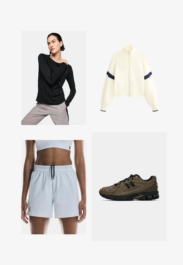 Cream zip-up sweater with high neckline, wide sleeves, and navy stripes on the arms. Soft texture and cropped design.; Long-sleeve black shirt in soft fabric, featuring a rounded neckline and fitted silhouette, paired with light gray pants.; Light blue athletic shorts with an elastic waistband, adjustable black drawstring, and side slits for flexibility. Brand logo in black.; Brown running shoe with textured mesh upper, black accents, and cushioned sole. Features a lacing system and streamlined design.