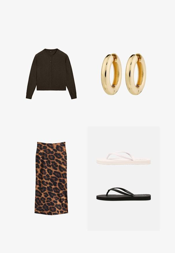 Dark brown cardigan made of soft material, featuring a round neckline, button front closure, long sleeves, and a cropped hem.; Even&Odd Long sleeved top - black; Leopard print skirt featuring a brown and black pattern, smooth texture, ankle-length design, and a form-fitting silhouette.; White and black rubber flip-flops with textured footbeds, thin straps, and contrasting colors. Each pair has a simple design and minimal branding.; Gold hoop earrings with a smooth, polished surface and rounded shape. Inner edge features a subtle split detail for fastening.