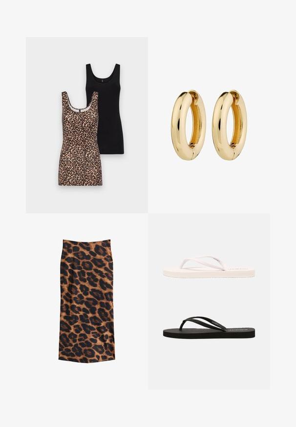 Donkerbruine cardigan van zachte stof, met een ronde halslijn, knoopsluiting aan de voorkant, lange mouwen en een cropped zoom.; Twee tanktops: één met een luipaardprint en een ronde hals, en één in effen zwart, beide gemaakt van zachte katoenen stof en met een mouwloze ontwerp.; Luipaardprint rok met een bruin en zwart patroon, een gladde textuur, enkel-lange ontwerp en een figuurvormende silhouet.; Witte en zwarte rubberen slippers met een gestructureerde voetbed, dunne bandjes en contrasterende kleuren. Elk paar heeft een eenvoudig ontwerp en minimale branding.; Gouden hoop oorbellen met een gladde, gepolijste oppervlakte en ronde vorm. De binnenrand heeft een subtiele splitdetail voor het sluiten.