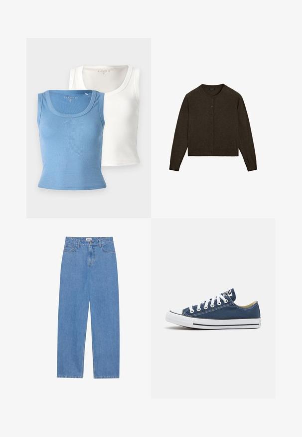 Dark brown cardigan made of soft material, featuring a round neckline, button front closure, long sleeves, and a cropped hem.; Two ribbed tank tops: one light blue and one white. Each features a rounded neckline and a fitted silhouette, emphasizing the fabric's texture.; Light blue denim jeans with a straight cut, five-pocket design, single button closure, and subtle stitching details on the seams.; Canvas sneaker in navy blue with white eyelets and laces, featuring a white rubber toe cap and a black stripe along the sole.