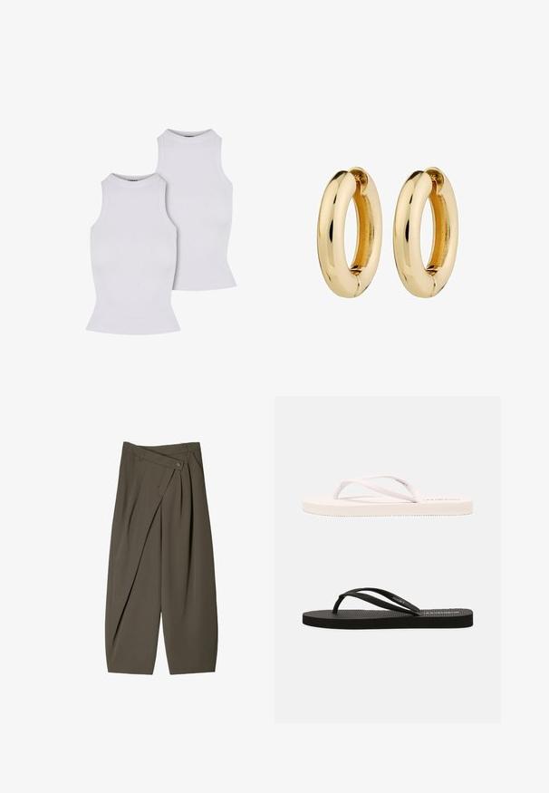 Mørkebrune cardigan lavet af blødt materiale, med rund halsudskæring, knaplukning foran, lange ærmer og en cropped kant.; To hvide ribbede ærmeløse toppe med høj hals og tætsiddende design, der fremhæver en glat tekstur og et enkelt, sømløst look.; Bredde-bukser i mørke olivengrønne stoffer, med en plisseret frontdesign, en knaplukning og en poleret, struktureret overflade.; Hvide og sorte gummiflip-flops med strukturerede fodsenge, tynde stropper og kontrasterende farver. Hver størrelse har et simpelt design og minimal branding.; Gyldne hoops øreringe med en glat, poleret overflade og rund form. Den indre kant har en subtil splitdetalje til lukning.