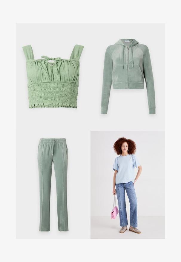 Küljest lõigatud kapuutsiga midaldes roheline veluur, millel on ees lukk, reguleeritavad nöörid ja kaks eesmist taskut. Sile tekstuur logode detailiga.; Hele rohelise tooni crop top, millel on smockitud tekstuur, laiad rihmad ja kinnitatav kaelus. Omab volditud kangast, mis tagab mugava istuvuse.; Kudede pehmedest jahedas rohelises toonis, millel on elastsest materjalist vöökoht koos nööridega, küljetaskud ja kontrastsed vertikaalsed õmblused.; Hele sinine puuvillane t-särk lühikeste puffvarrukatega, mille alla on sobitatud kõrge vöökohaga teksapüksid. Mudel hoiab väikest roosat käekotti kinnitatud kettiga.