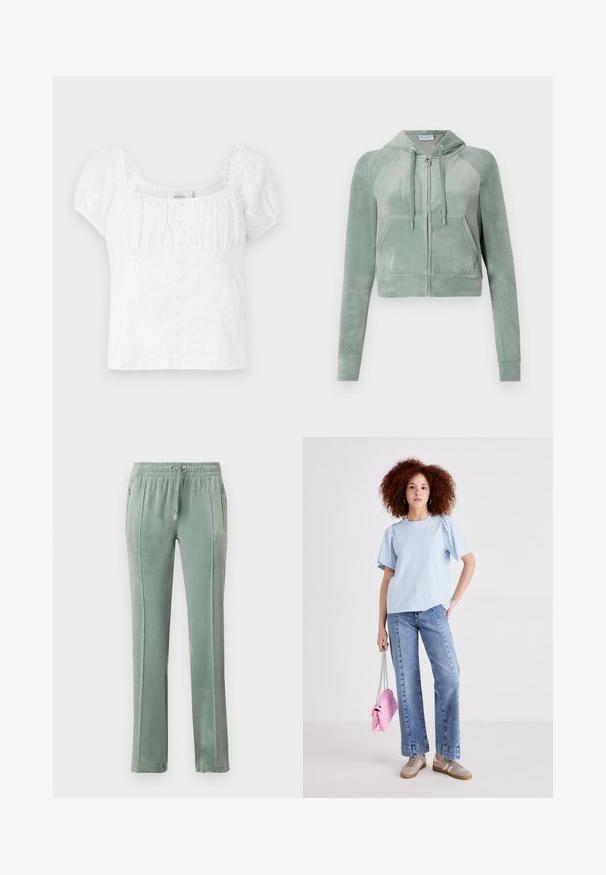 Hoodie scurt din velur de culoare verde stins, cu fermoar frontal, cordoane ajustabile și două buzunare în față. Textură netedă cu detalii ale logo-ului.; Bluză albă cu decolteu pătrat, mâneci bufante elasticate și închideri cu nasturi. Prezintă un texturaj brodat floral și un design ajustat.; Pantaloni de trening din catifea într-o nuanță verde mut, cu talie elastică și șnururi, buzunare laterale și detalii de cusătură verticală contrastante.; Tricou din bumbac de culoare albastră deschisă, cu mâneci scurte tip puff, asortat cu blugi din denim cu talie înaltă. Modelul poartă o geantă mică roz, cu un breloc din lanț.