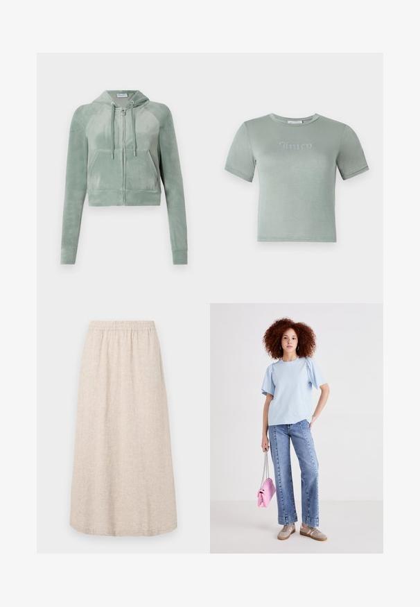 Hoodie scurt din velur de culoare verde stins, cu fermoar frontal, cordoane ajustabile și două buzunare în față. Textură netedă cu detalii ale logo-ului.; Tricou scurt cu mânecă, verde deschis, realizat dintr-un material moale, având un logo "Juicy" din strasuri pe piept. Culoare rotundă, design ajustat.; Fustă din in bej cu talie elastică, de lungime midi, și un model de textură subtil. Fără buzunare sau accente suplimentare vizibile.; Tricou din bumbac de culoare albastră deschisă, cu mâneci scurte tip puff, asortat cu blugi din denim cu talie înaltă. Modelul poartă o geantă mică roz, cu un breloc din lanț.