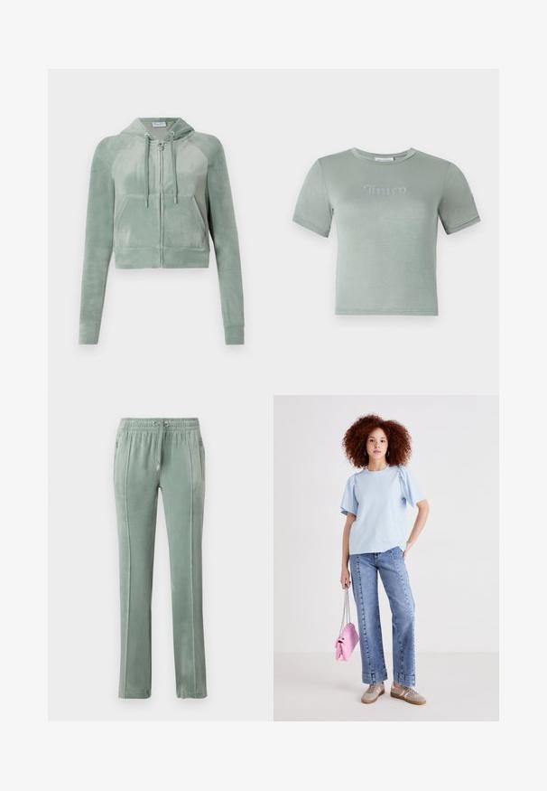 Küljest lõigatud kapuutsiga midaldes roheline veluur, millel on ees lukk, reguleeritavad nöörid ja kaks eesmist taskut. Sile tekstuur logode detailiga.; Hele rohelise lühikeste varrukatega T-särk, mis on valmistatud pehmest kangast, rinnal on "Juicy" logo pärlides. Ümar kaelus, keha lähedane lõige.; Kudede pehmedest jahedas rohelises toonis, millel on elastsest materjalist vöökoht koos nööridega, küljetaskud ja kontrastsed vertikaalsed õmblused.; Hele sinine puuvillane t-särk lühikeste puffvarrukatega, mille alla on sobitatud kõrge vöökohaga teksapüksid. Mudel hoiab väikest roosat käekotti kinnitatud kettiga.