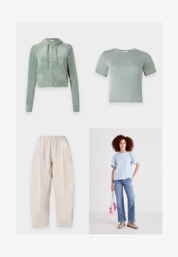 Sötétzöld, tompított velúrból készült cropped kapucnis pulcsi, elől cipzárral, állítható húzózsinórral és két elülső zsebbel rendelkezik. Sima textúrájú, logó részlettel.; Világoszöld, rövid ujjú póló, puha anyagból készült, a mellkason strasszkövekből készült "Juicy" logóval. Kerek nyakkivágás, testhez simuló fazon.; Világos bézs, laza szabású nadrág, elasztikus derékkal és finom textúrával. Egyenes lábak, amelyek enyhén szűkülnek a bokánál.; Világoskék pamut póló rövid puffos ujjakkal, magas derekú farmernadrággal párosítva. A modellen egy kis rózsaszín kézitáska látható láncos pánttal.