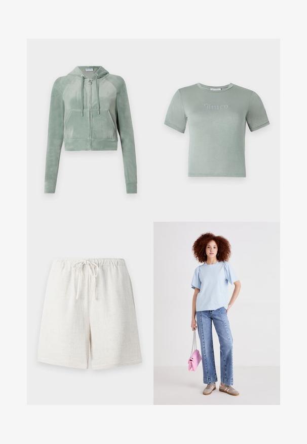 Hoodie scurt din velur de culoare verde stins, cu fermoar frontal, cordoane ajustabile și două buzunare în față. Textură netedă cu detalii ale logo-ului.; Tricou scurt cu mânecă, verde deschis, realizat dintr-un material moale, având un logo "Juicy" din strasuri pe piept. Culoare rotundă, design ajustat.; Pantaloni scurți din in, de culoare albă crem, cu un elastic la talie și șnur. Prezintă o suprafață texturată și un design lejer.; Tricou din bumbac de culoare albastră deschisă, cu mâneci scurte tip puff, asortat cu blugi din denim cu talie înaltă. Modelul poartă o geantă mică roz, cu un breloc din lanț.