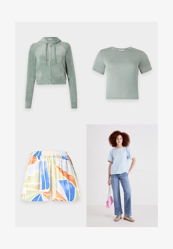 Küljest lõigatud kapuutsiga midaldes roheline veluur, millel on ees lukk, reguleeritavad nöörid ja kaks eesmist taskut. Sile tekstuur logode detailiga.; Hele rohelise lühikeste varrukatega T-särk, mis on valmistatud pehmest kangast, rinnal on "Juicy" logo pärlides. Ümar kaelus, keha lähedane lõige.; Kerged kerge materjali lühikesed püksid, millel on elastne vöökoht. Omab mitmevärvilist geomeetrilist mustrit sinises, oranžis, rohelises ja beežis.; Hele sinine puuvillane t-särk lühikeste puffvarrukatega, mille alla on sobitatud kõrge vöökohaga teksapüksid. Mudel hoiab väikest roosat käekotti kinnitatud kettiga.