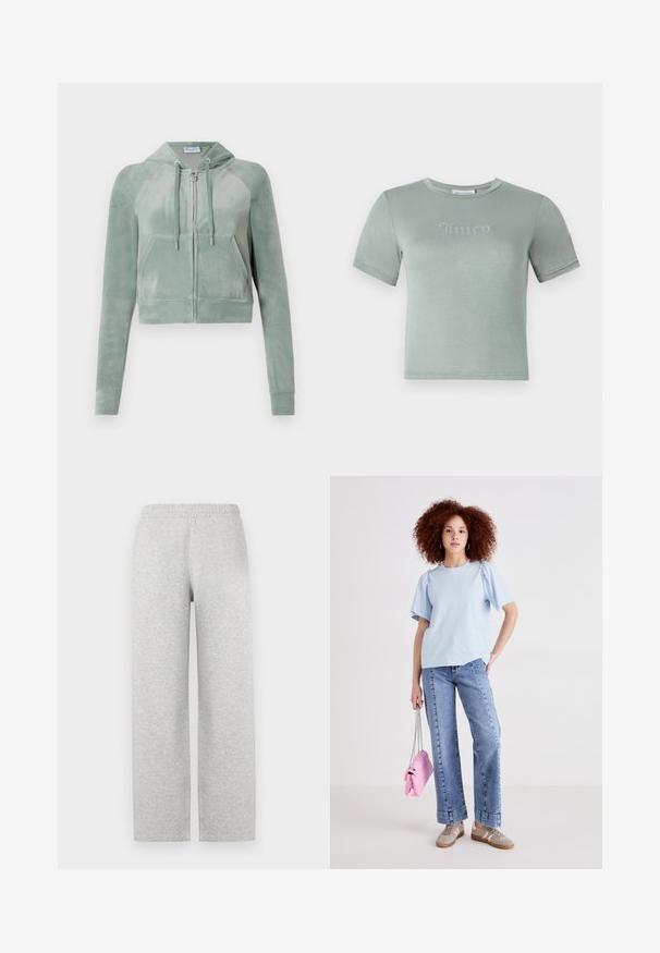 Sagriezta kapuce tumši zaļā velūrā, ar rāvējslēdzēju priekšā, regulējamiem auklām un divām priekšējām kabatām. Gluda tekstūra ar logo detaļu.; Gaiši zaļš īsejām piedurknēm T-krekls no mīkstas auduma, ar "Juicy" logo no rhinestone akmentiņiem uz krūtīm. Apaļš kakla izgriezums, pieguļošs dizains.; Pelēki, mīksti auduma sporta bikses ar brīvu piegriezumu, elastīgu jostu un taisnām kājām. Nav redzamu kabatu vai papildu dekoratīviem elementiem.; Gaiši zila kokvilnas t-kreklu ar īsām puff piedurknēm, kas saskaņota ar augsto jostasvietu denima biksēm. Modelis tur mazs rozā rokassomu ar ķēdes siksniņu.