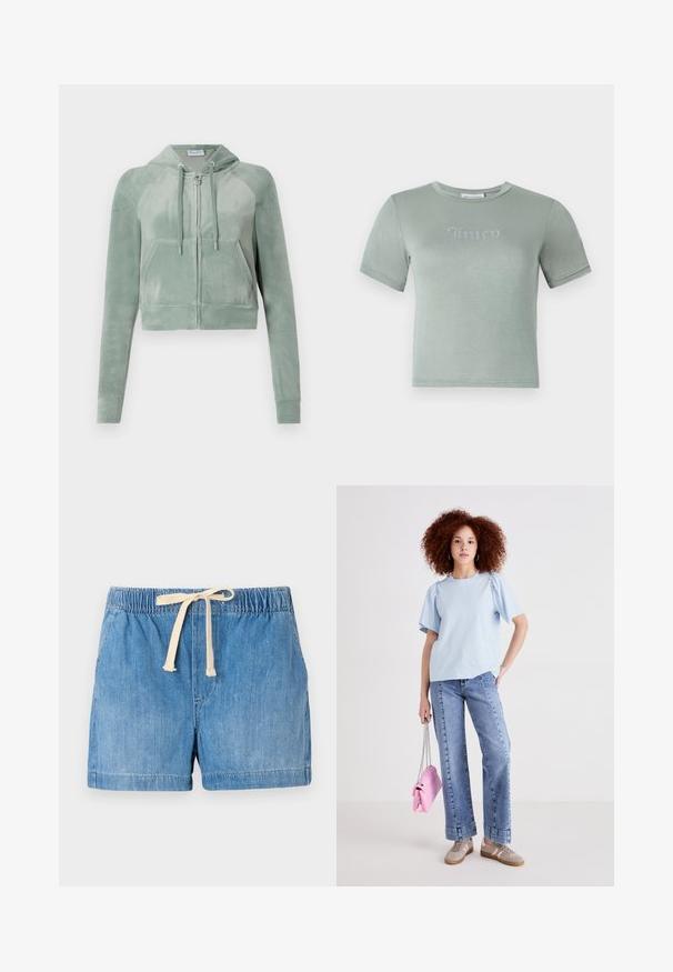 Cropped hoodie in muted green velour, featuring a zip front, adjustable drawstrings, and two front pockets. Smooth texture with logo detail.; Light green short-sleeve t-shirt made of soft fabric, featuring a "Juicy" logo in rhinestones across the chest. Round neckline, fitted design.; Denim shorts in light blue with an elastic waistband, adjustable beige drawstring, and smooth texture, featuring rolled hems.; Light blue cotton t-shirt with short puff sleeves, paired with high-waisted denim jeans. The model holds a small pink handbag with a chain strap.