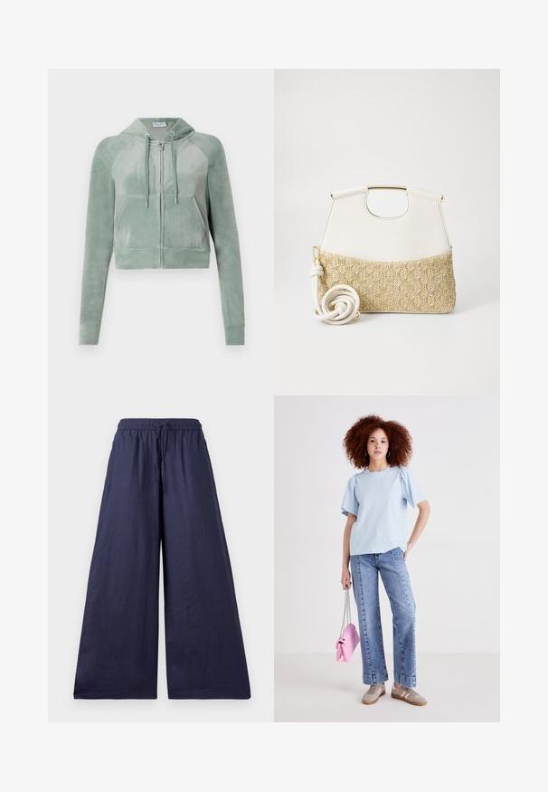 Iškirpta suknelė iš prislopinto žalia velūro, su užtrauktuką priekyje, reguliuojamomis raištelėmis ir dviem priekinėmis kišenėmis. Lygus paviršius su logotipo detale.; Šviesiai žalia trumpų rankovių marškinėliai, pagaminti iš minkštos medžiagos, su „Juicy“ logotipu, dekoruotu akmenukais, ant krūtinės. Apvalus iškirpimas, prigludęs dizainas.; Tamsiai mėlyni plačiakojai kelnių su elastinga juosta, raišteliu ir minkšta, lengva medžiaga. Paprastas, plaukiojantis dizainas be puošmenų.; Šviesiai mėlyna medvilninė marškinėliai su trumpomis pūstomis rankovėmis, suderinti su aukštu liemeniu džinsais. Modelis laiko mažą rožinę rankinę su grandinėlės dirželiu.; Balta odinė rankinė su tekstūruotu kreminiu pintu dugnu. Ypatumai: auksinės spalvos rankena ir suktas baltas dirželis, suteikiantis universalumo.