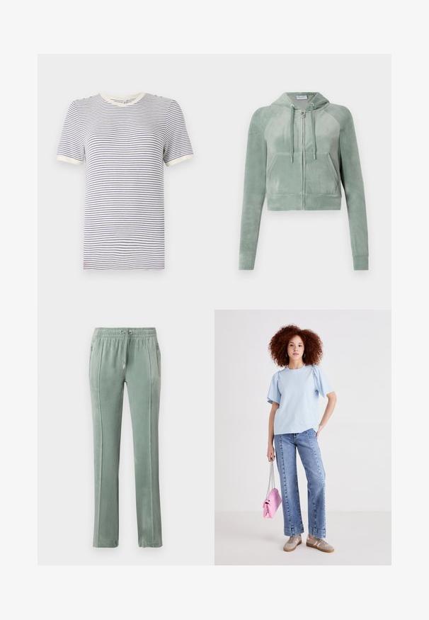 Iškirpta suknelė iš prislopinto žalia velūro, su užtrauktuką priekyje, reguliuojamomis raištelėmis ir dviem priekinėmis kišenėmis. Lygus paviršius su logotipo detale.; Dryžuota marškinėliai balta ir tamsiai mėlyna spalvomis, trumpomis rankovėmis, apvaliu kaklu, su kontrastingomis apykaklėmis ir rankovių krašteliais. Minkšta medvilnės medžiaga.; Samančio atspalvio sametiniai sportiniai kelnių kelnės, su elastinga juosmeniu ir raišteliais, šoninėmis kišenėmis bei kontrastingomis vertikaliomis siuvimo detalėmis.; Šviesiai mėlyna medvilninė marškinėliai su trumpomis pūstomis rankovėmis, suderinti su aukštu liemeniu džinsais. Modelis laiko mažą rožinę rankinę su grandinėlės dirželiu.