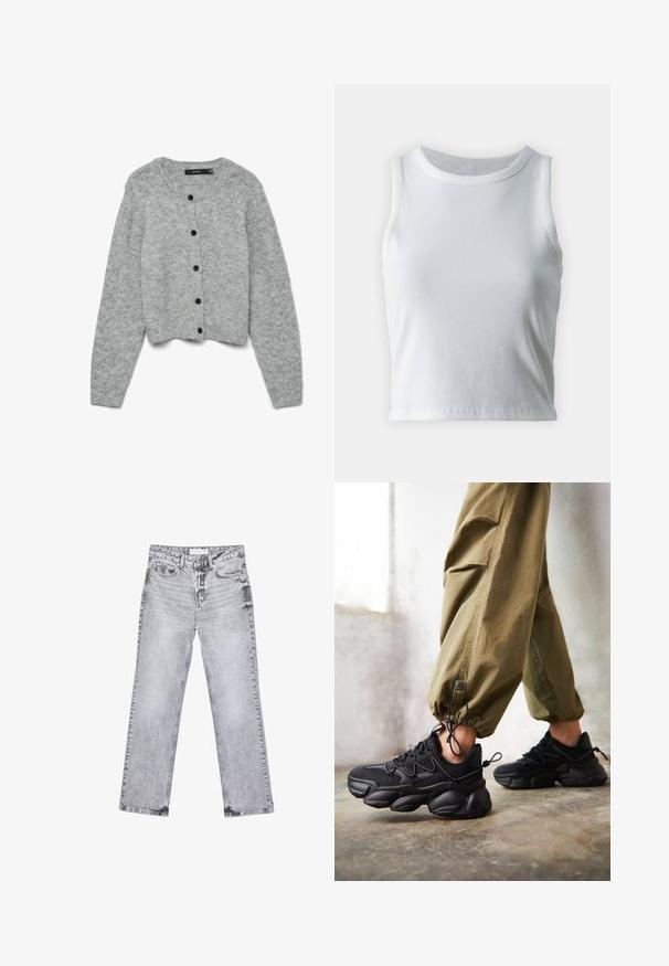 Cardigan grigio lavorato a maglia con scollatura rotonda e maniche lunghe, caratterizzato da bottoni neri sulla parte anteriore e design cropped. Texture morbida.; Top a canotta bianco a coste con scollatura rotonda e senza maniche, caratterizzato da un orlo dritto e una texture liscia e elastica.; Jeans in denim grigio con taglio dritto, dettagli sfilacciati, cinque tasche e rivetti in rame. La cintura presenta un'etichetta con il logo.; Persona con sneakers neri chunky e pantaloni cargo verdi oliva in piedi su un pavimento in cemento vicino a una parete bianca.