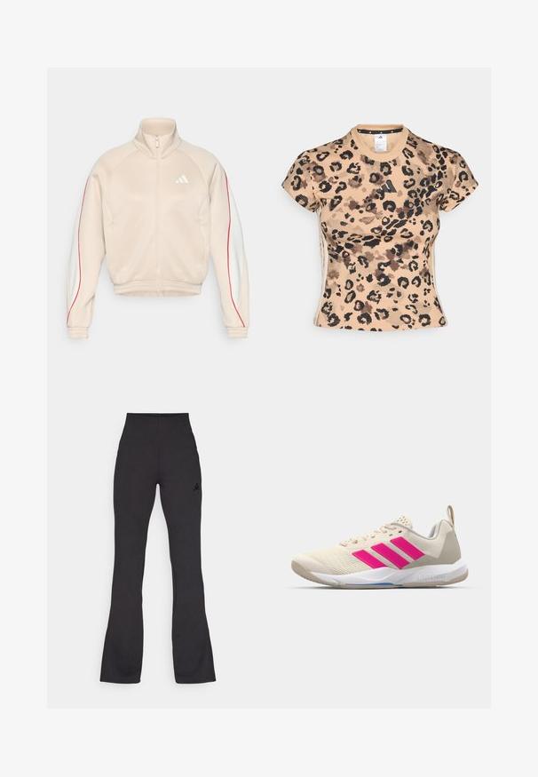 Casaco bege com fecho de correr, gola alta, detalhes laterais em branco e vermelho, punhos canelados e barra canelada. Apresenta um pequeno logótipo no peito e dois bolsos.; adidas Sportswear TEE - T-shirt estampada - multicolor/warm sandstone; Calças pretas de cintura alta e boca de sino feitas de um tecido suave, apresentando um pequeno logotipo preto do lado esquerdo e um design em cor sólida.; Sapata atlética bege com logotipo de três riscas cor-de-rosa, parte superior em malha texturizada, colarinho acolchoado e sola de borracha branca, apresentando a marca "LIGHTSTRIKE".