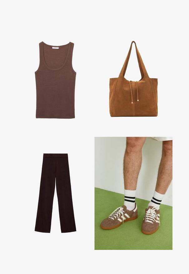 Žlutý pletený kardigan s výstřihem do V, dlouhými balónovými rukávy a perlovo podobnými ozdobami na ramenou. Zapínání na pět knoflíků vpředu.; Hnědý bavlněný top bez rukávů s kulatým výstřihem a širokými ramínky, s hladkou texturou a neformálním designem.; Hnědé kalhoty s širokým střihem vyrobené z měkké tkaniny, s širokým pasem a hladkým povrchem, bez viditelných vzorů či kovových prvků.; Hnědé semišové tenisky s bílými akcenty a tkaničkami. Gumová podrážka. Nošeny s bílými ponožkami s černými pruhy. Zelená strukturovaná podlaha.; Hnědá semišová taška přes rameno s širokým otvorem, protáhlými popruhy a stahovací šňůrkou s kovovými akcenty. Hladký povrch s minimem švů.