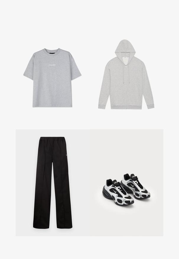 Helederehall muiduga kapuutsiga, esikottidega, lame valge taustal.; Hallikas puuvillane t-särk lühikeste varrukatega, millel on ümmargune kaelus ja esiküljel väike valge "PEGADOR" logo. Sujuv tekstuur, mugav lõige.; Mustad, laiad püksid elastse vöökohtaga. Valmistatud pehmest materjalist minimaalse detailitöötlusega, ühel küljel on väike logo.; Musta ja hõbedane spordijalats, millel on võrgusilmast ja sünteetilisest materjalist ülemine osa, iseloomuliku lainelise disainiga ja pehmendav kaelus, samuti õhuküte talla sees.