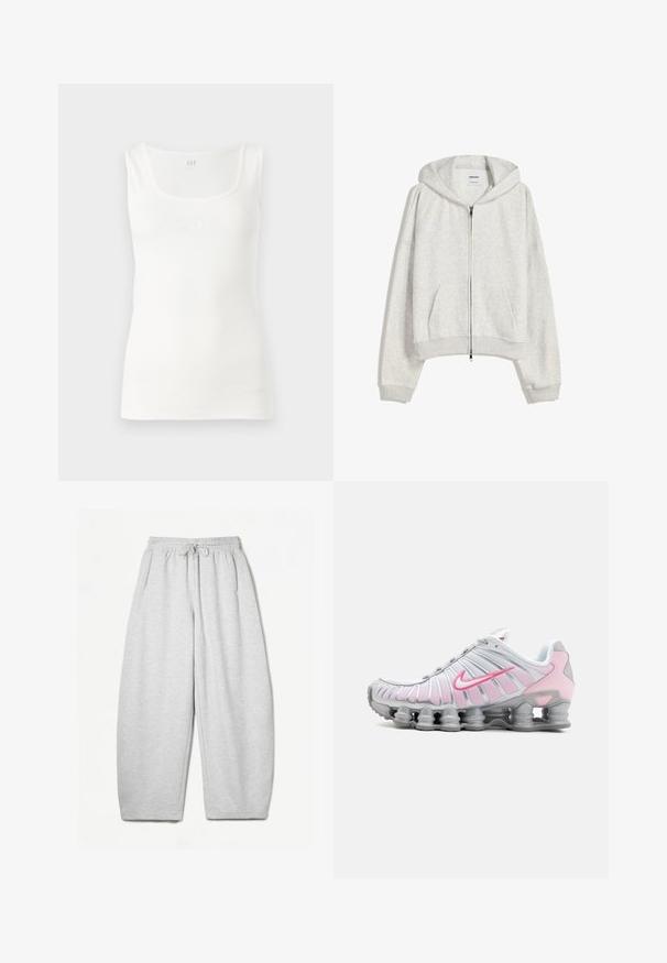 Hanorac scurt de culoare gri deschis, realizat dintr-un material moale; dispune de un fermoar frontal, glugă mare și manșete și tiv cu margini ondulate; include buzunare laterale.; Top din bumbac alb cu nervuri, cu decolteu pătrat și cuvântul "GAP" embosat în aceeași nuanță pe față.; Pantaloni de trening gri deschis, cu o croială lejeră, talie elastică, șnur și buzunare laterale; realizați dintr-un material moale, texturat.; Pantof de atletism Nike în alb și roz deschis. Prezintă un superior din plasă și o talpă curbată distinctivă cu amortizare de aer vizibilă.