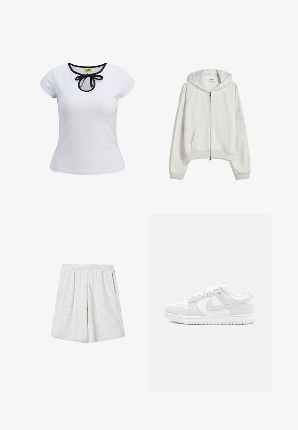 Svetlo siva skraćena dukserica napravljena od mekog materijala; ima prednji rajsferšlus, veliki kapuljaču i rebraste manžetne i donji deo; sadrži bočne džepove.; Bela majica s kratkimi rokavi z črnimi robovi okrog izreza in detajlom vozelčka na sredini. Narejena iz gladkega bombažnega blaga.; Svetlo sivi športni šort je izdelan iz mehkega materiala, ima elastičen pas, ohlapen kroj in subtilno teksturo. Brez vidnih vzorcev ali dodatkov.; Bele tene Nike z sneakerji z mešanico teksturirane usnja in semiša, z nizkim dizajnom, okroglo toe in vzorčastim gumijastim podplatom.