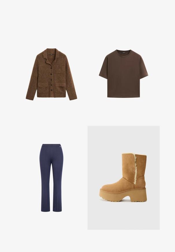 Hnědý chlupatý kardigan na knoflíky s dlouhými rukávy, třemi předními kapsami a měkkou texturovanou tkaninou.; Hnědé bavlněné tričko, krátké rukávy, kulatý výstřih, volný střih, hladká textura, minimalistický design, žádné viditelné vzory ani akcenty.; Námořnické modré zvonové kalhoty s hladkým, elastickým materiálem. Mají plochý pas a minimalistickou kovovou ozdobu pro detail.; UGG NEW HEIGHTS CUFF - Zimní obuv - chestnut
