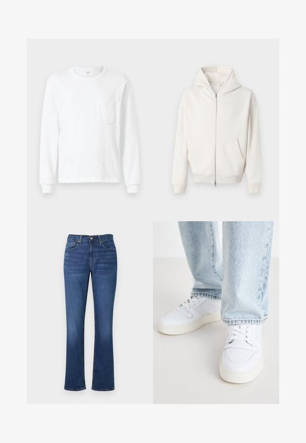 Crème-kleurige zip-up hoodie van zachte stof, met een grote capuchon, kangoeroe zakken en geribbelde manchetten en zoom.; Witte longsleeve T-shirt gemaakt van katoen. Heeft een ronde halslijn en een klein borstzakje. Zachte stof met geribde manchetten.; Denim jeans in een middelblauwe wassing, met een getailleerde taille, uitlopende benen, vijf zakken en subtiele contraststiksels.; Witte leren lage sneakers met geperforeerde neus, platte veters en een minimalistisch ontwerp. Gecombineerd met lichtblauwe denim jeans.