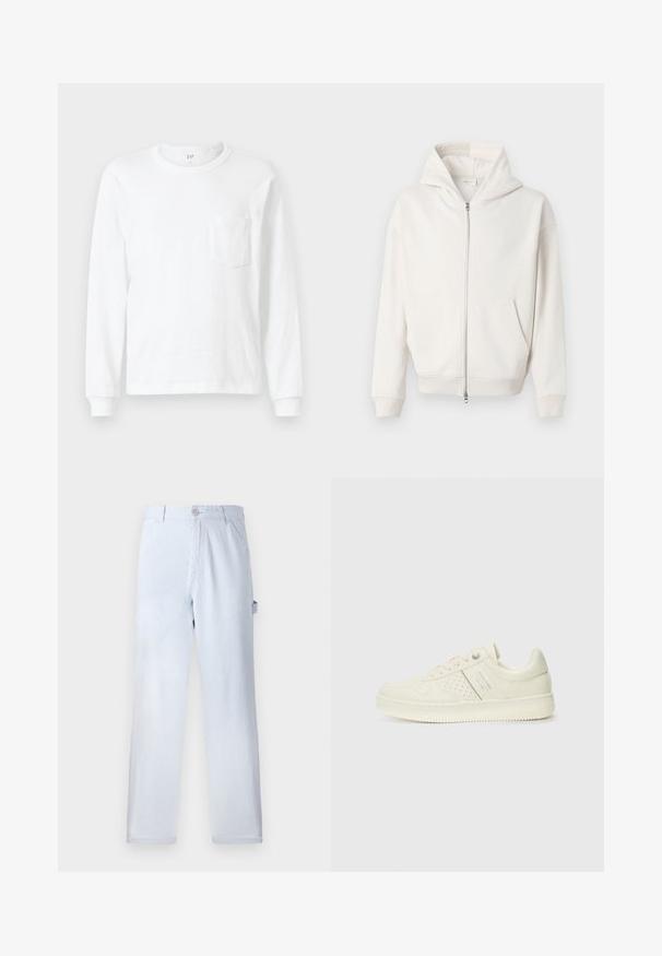 Krēmkrāsas kapuces jakas ar rāvējslēdzēju, kas izgatavota no mīkstas auduma, ar lielu kapuci, kangaru kabatām un ribotām piedurknēm un apakšmalu.; Balta garām piedurknēm T-krekls, kas izgatavots no kokvilnas. Tam ir apaļa kakla izgriezuma forma un mazs krūšu kabatiņa. Mīksta tekstūra ar ribotām piedurknēm.; Gaiši zilu svītru bikses, kas izgatavotas no kokvilnas. Tiešā kāja, ar priekšējo pogu aizdari un sānu kabatām. Mīksta tekstūra.; Krēmbaltie sporta apavi ar perforētu detaļām, auklām un logotipu sānos, attēloti uz vienkārša baltā fona.
