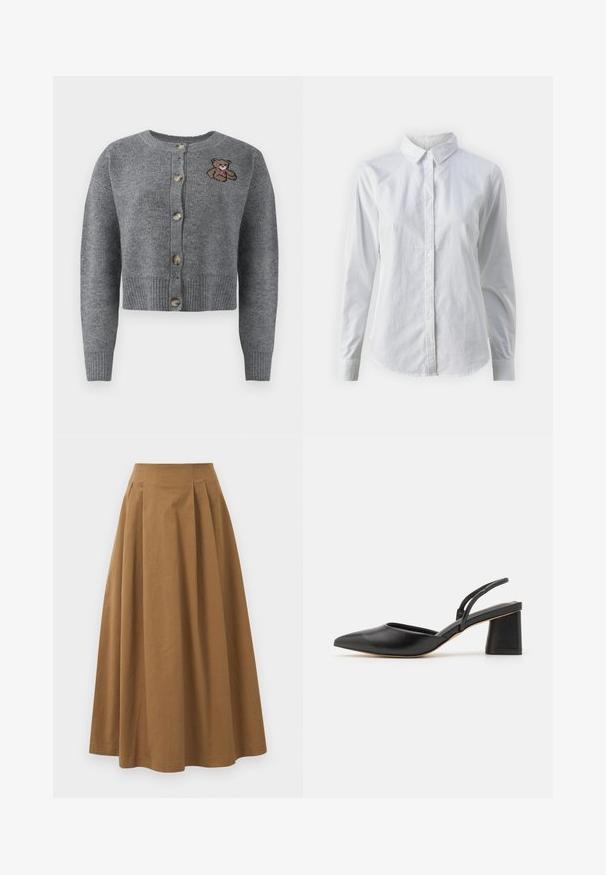Szürke kötött kardigán kerek nyakkivágással, bordázott aljjal, öt gombbal és hímzett medve részlettel a bal oldalon.; Fehér, sima pamutből készült gombos ing, klasszikus gallérral, hosszú ujjakkal és ívelt hemvéggel. A gombok kicsik és fehérek.; Barna pamut A-vonalú szoknya magas derékkal, elöl pliszézett és sima textúrával. Az alsó szegélyek letisztultak és egyszerűek.; Fekete, hegyes orrú, hátul pántos cipő, sima bőrből készült, alacsony blokktalpú és vékony pántokkal a hátulján a biztos illeszkedés érdekében.