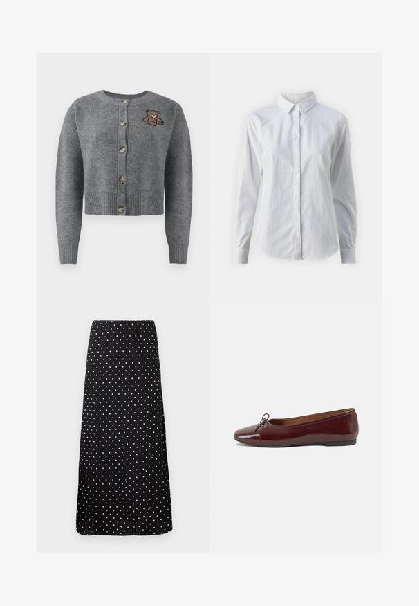 Cardigan gri tricotat cu guler rotund, tiv zimțat, cinci nasturi și un detaliu brodat cu un urs pe partea stângă.; Cămașă albă cu nasturi, confecționată din bumbac neted, având un guler clasic, mâneci lungi și un tiv curbat. Nasturii sunt mici și albi.; Fustă maxi neagră cu buline albe mici și talie elastică, tăietură dreaptă, expusă pe un fundal alb simplu.; Balerini din piele patent burgund cu vârful rotund, accent de fundiță mică în față și talpă joasă din cauciuc negru. Textură netedă.