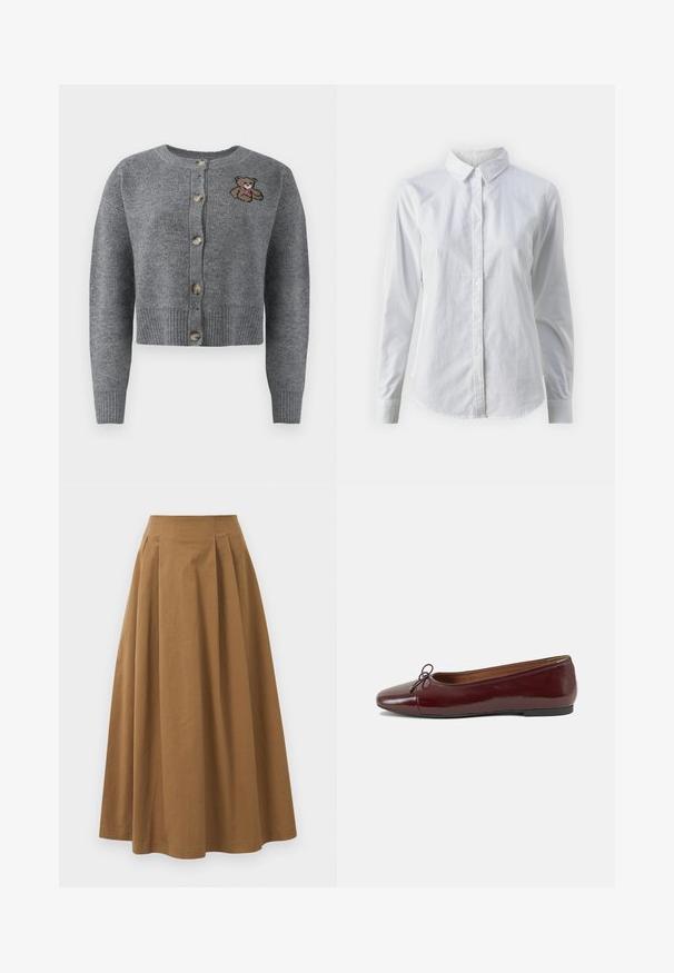 Grijze gebreide cardigan met een ronde hals, geribbelde onderrand, vijf knopen en een geborduurd berenmotief aan de linkerkant.; Witte overhemd met knopen van glad katoen, met een klassieke kraag, lange mouwen en een afgeronde zoom. De knopen zijn klein en wit.; Bruine katoen A-lijn rok met een hoge taille, voorzien van plooien aan de voorkant en een gladde textuur. De zoomafwerking is schoon en eenvoudig.; Bordeaux gepatenteerd lederen ballerina met een ronde neus, een klein strikaccent aan de voorkant en een lage, zwarte rubberen zool. Glad textuur.