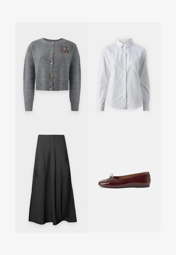 Sivou pleteno kardigan s okroglim izrezom, rebrastim robom, petimi gumbi in vezenim podrobjem medvedka na levi strani.; Bela srajca z gumbki, narejena iz gladkega bombaža, s klasičnim ovratnikom, dolgimi rokavi in ukrivljenim robom. Gumbi so majhni in beli.; Črna, plisirana midi krila iz lahkega materiala z gladko teksturo; vsebuje stranske žepke in tekoč silhuet.; Burgundska patenti usnjeni baletni čevlji z zaobljenim prstom, majhnim lokom na sprednji strani in nizkim črnim gumijastim podplatom. Gladka tekstura.