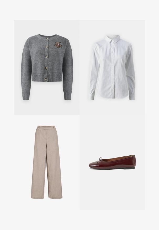 Gray knitted cardigan with a round neckline, ribbed hem, five buttons, and an embroidered bear detail on the left side.; White button-up shirt made of smooth cotton, featuring a classic collar, long sleeves, and a curved hem. Buttons are small and white.; Beige wide-leg trousers made of lightweight fabric. Features a smooth texture, a fitted waist, and side pockets for functional detail.; Burgundy patent leather ballet flat with a rounded toe, small bow accent at the front, and a low, black rubber sole. Smooth texture.