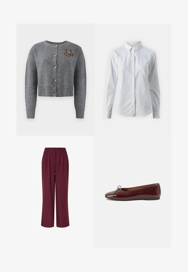 Šedý pletený kardigan s kulatým výstřihem, ribbovaným lemem, pěti knoflíky a vyšívaným detailem medvěda na levé straně.; Bílá košile na knoflíky vyrobená z hladké bavlny, s klasickým límcem, dlouhými rukávy a zakřiveným spodním lemem. Knoflíky jsou malé a bílé.; Kalhoty s širokými nohavicemi v barvě burgundy, se záhyby vpředu a elastickým pasem. Hladká textura, celkový design až k zemi.; Burgundské lakové baleríny s kulatou špičkou, malou mašlí vpředu a nízkou černou gumovou podrážkou. Hladký povrch.