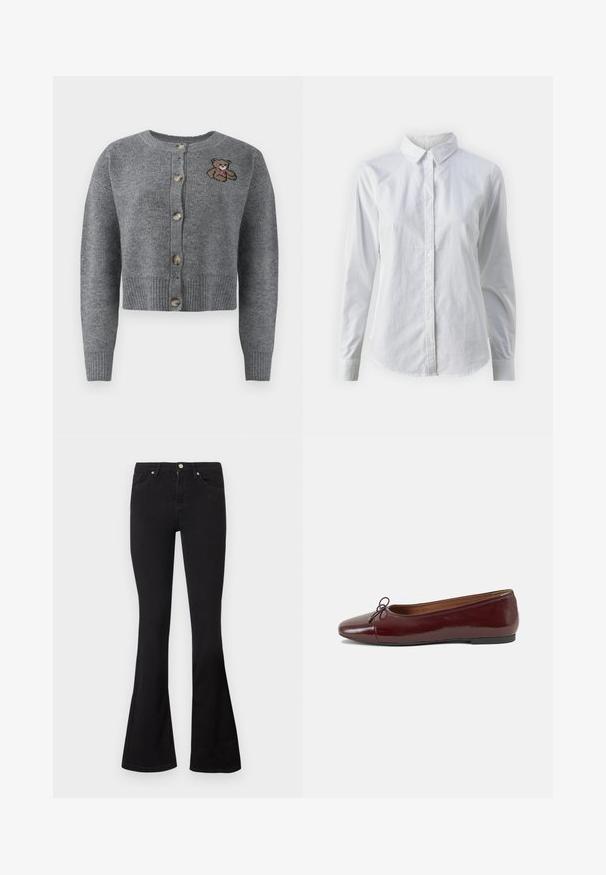Grå strikket cardigan med rund halsudskæring, ribbet kant, fem knapper og en broderet bjørnedetalje på venstre side.; Hvid skjorte med knapper lavet af glat bomuld, der har en klassisk krave, lange ærmer og en buet kant. Knapperne er små og hvide.; Sorte højtaljede jeans med flagrende ben, frontlukning med knap og lynlås og femlommesdesign på en hvid baggrund.; Bordeaux patentlæder balletflad med rund tå, lille sløjfeaccent foran og en lav, sort gummisål. Glat tekstur.