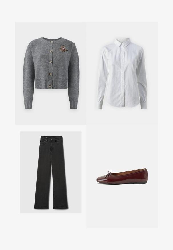 Cardigan cinza tricotado com um decote redondo, bainha canelada, cinco botões e um detalhe bordado de um urso no lado esquerdo.; Camisa branca de botão feita de algodão suave, com colarinho clássico, mangas longas e bainha curva. Os botões são pequenos e brancos.; Às calças de ganga pretas de cintura alta e pernas retas, com cinco bolsos e rebites de cobre, dispostas horizontalmente sobre um fundo cinza claro.; Bailarinas em couro sintético borgonha com bico redondo, pequeno laço na frente e sola baixa em borracha preta. Textura suave.