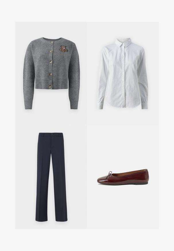 Gray knitted cardigan with a round neckline, ribbed hem, five buttons, and an embroidered bear detail on the left side.; White button-up shirt made of smooth cotton, featuring a classic collar, long sleeves, and a curved hem. Buttons are small and white.; Navy blue, straight-leg trousers made from a smooth fabric. Features a front button closure and side pockets. Simple and modern design.; Burgundy patent leather ballet flat with a rounded toe, small bow accent at the front, and a low, black rubber sole. Smooth texture.