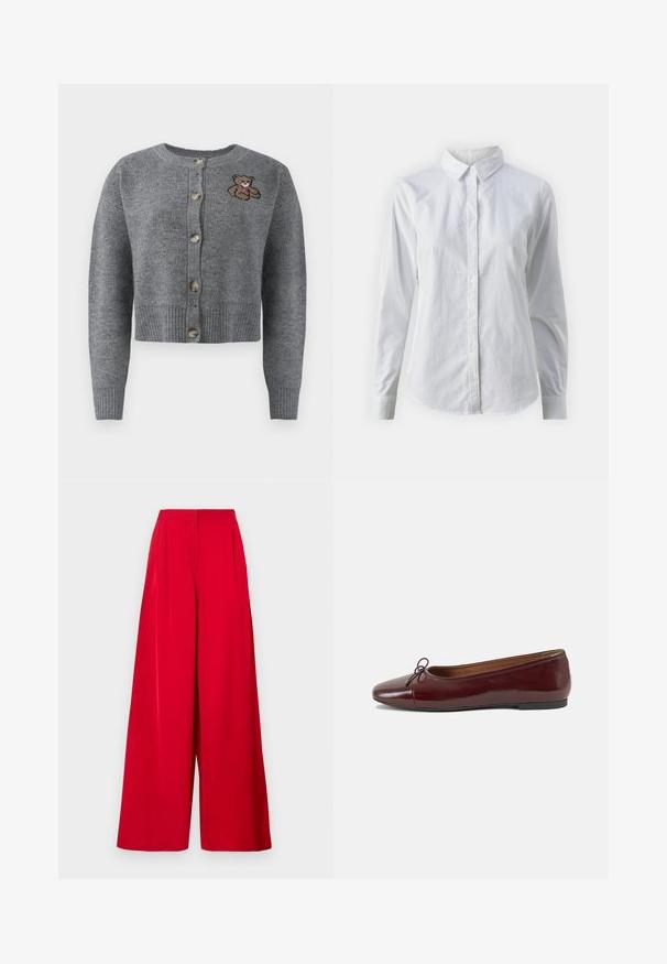 Szary robiony na drutach kardigan z okrągłym dekoltem, prążkowanym wykończeniem, pięcioma guzikami i wyszywaną dekoracją w postaci niedźwiedzia po lewej stronie.; Biała koszula zapinana na guziki, wykonana z gładkiej bawełny, z klasycznym kołnierzykiem, długimi rękawami i zaokrąglonym dołem. Guziki są małe i białe.; Szerokie spodnie w jaskrawym czerwonym kolorze, wykonane z gładkiego materiału. Posiadają wysoki stan, ostre fałdy oraz swobodny krój.; Bordowe baleriny z lakierowanej skóry z zaokrąglonym noskiem, małą kokardką z przodu oraz niską, czarną gumową podeszwą. Gładka tekstura.