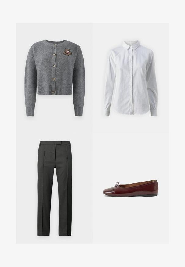 Grå strikket cardigan med rund halsudskæring, ribbet kant, fem knapper og en broderet bjørnedetalje på venstre side.; Hvid skjorte med knapper lavet af glat bomuld, der har en klassisk krave, lange ærmer og en buet kant. Knapperne er små og hvide.; Mørk grå skræddersyede bukser med pressefold foran, bæltestropper og skjult lukning fortil, præsenteret mod en hvid baggrund.; Bordeaux patentlæder balletflad med rund tå, lille sløjfeaccent foran og en lav, sort gummisål. Glat tekstur.