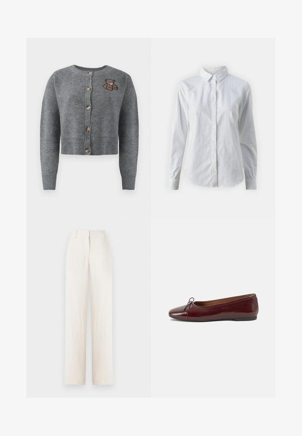 Pilkas megztas kardiganas su apvalia iškirpte, raišteliu aptrauktomis rankovėmis, penkiomis mygtukais ir siuvinėtu meškiuko detalė ant kairės pusės.; Balta marškinėliai su mygtukais, pagaminti iš lygios medvilnės, su klasikiniais apykaklės, ilgomis rankovėmis ir lenktu kraštu. Mygtukai maži ir balti.; Lininiai kelnės šviesiai smėlio spalvos, tiesaus kirpimo, su juosmeniu ir priekiniais raukiniais papildomam akcentui.; Bordo lakiotos odos baleto bateliai su apvalia nosimi, maža kaspinėlio akcentu priekyje ir žema juoda guma padanga. Lygi tekstūra.