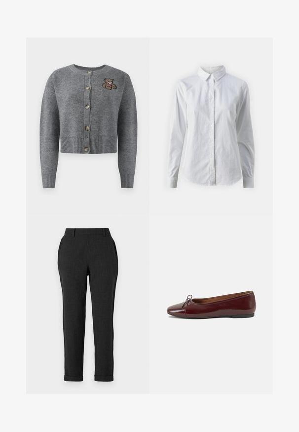 Cardigan cinza tricotado com um decote redondo, bainha canelada, cinco botões e um detalhe bordado de um urso no lado esquerdo.; Camisa branca de botão feita de algodão suave, com colarinho clássico, mangas longas e bainha curva. Os botões são pequenos e brancos.; Calças ajustadas em cinza escuro com pernas afuniladas, passantes para cinto e bolsos laterais. O tecido apresenta uma textura subtil. Bainhas com punho.; Bailarinas em couro sintético borgonha com bico redondo, pequeno laço na frente e sola baixa em borracha preta. Textura suave.