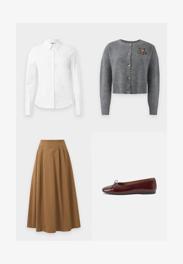 Šedý pletený kardigan s kulatým výstřihem, ribbovaným lemem, pěti knoflíky a vyšívaným detailem medvěda na levé straně.; Bílá dlouhá košile s knoflíky vyrobená z bavlny; má klasický límec a zapínání na knoflíky v přední části. Hladká textura, standardní střih.; Hnědá bavlněná sukně ve stylu A s vysokým pasem, se sklady na přední straně a hladkou texturou. Lemování je čisté a jednoduché.; Burgundské lakové baleríny s kulatou špičkou, malou mašlí vpředu a nízkou černou gumovou podrážkou. Hladký povrch.
